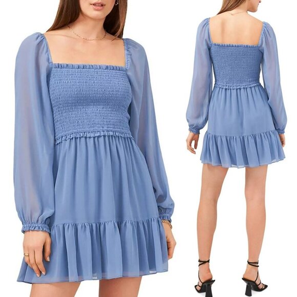 1. State Dresses & Skirts - 1.STATE Women's L Long Sleeves Smocked Ruffle Skirt Mini Dress Chiffon Blue $99
